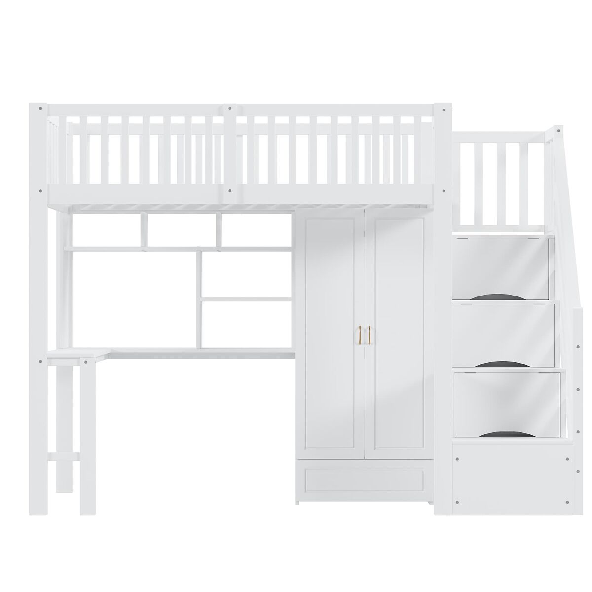 Cama alta 90x200 - com armário, estante, mesa e escada, estrutura em madeira, branca