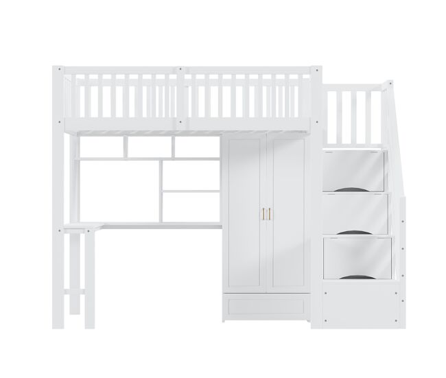 Cama alta 90x200 - com armário, estante, mesa e escada, estrutura em madeira, branca