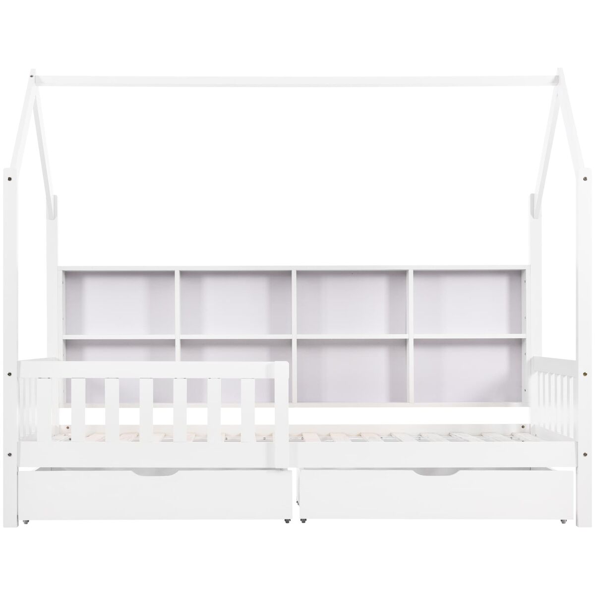 Cama tipo casa 90x200 cm - estante multifuncional, gavetas grandes, design de chaminé - branco