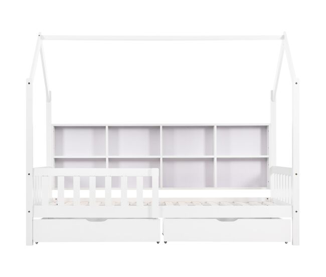 Cama tipo casa 90x200 cm - estante multifuncional, gavetas grandes, design de chaminé - branco
