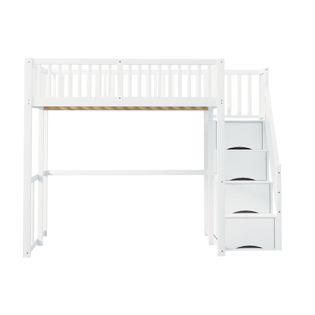 Cama alta 140x200 cm - com escada de segurança, corrimão, estrutura em pinho maciço - branco