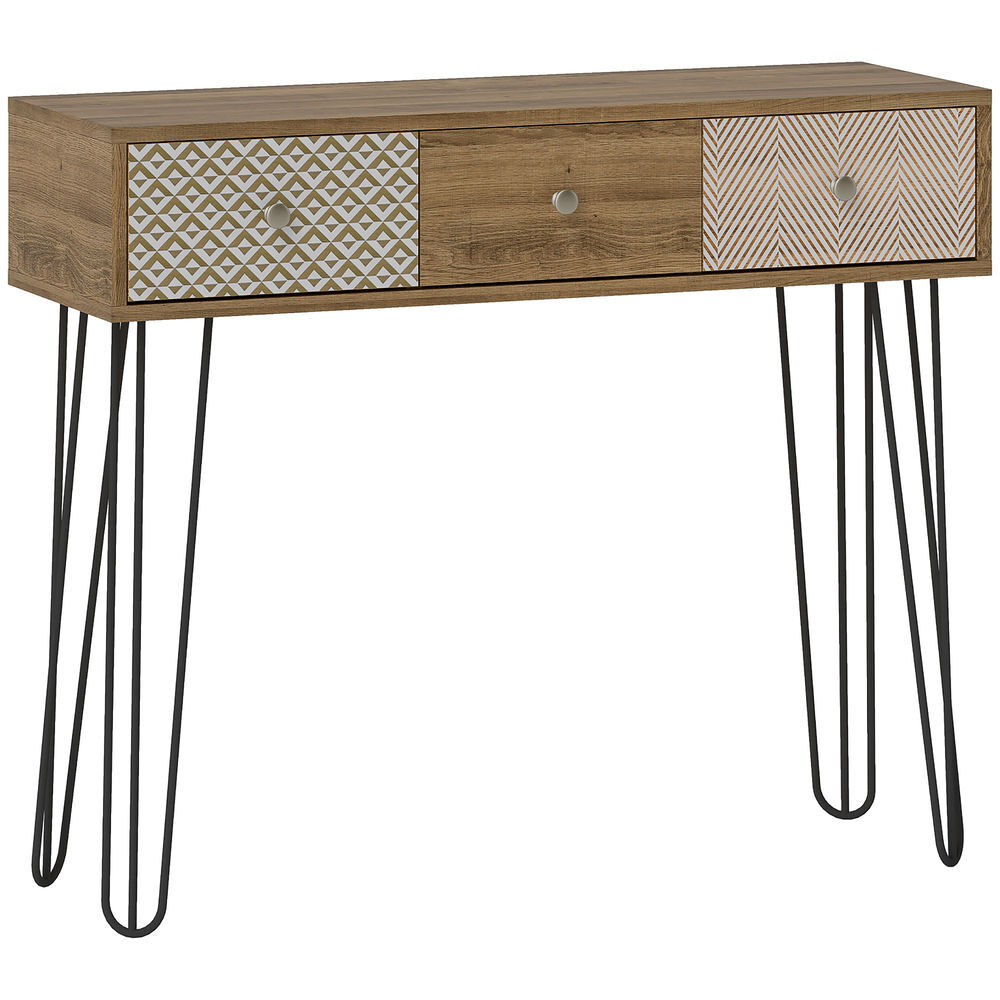Homcom mesa consola com 3 gavetas consola estreita para entrada com pés de aço tipo garfo para sala de estar corredor entrada 90x30x75 cm madeira