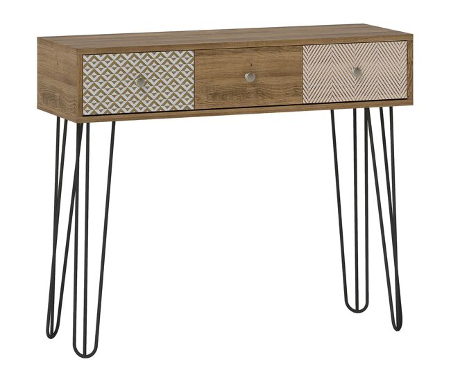 Homcom mesa consola com 3 gavetas consola estreita para entrada com pés de aço tipo garfo para sala de estar corredor entrada 90x30x75 cm madeira