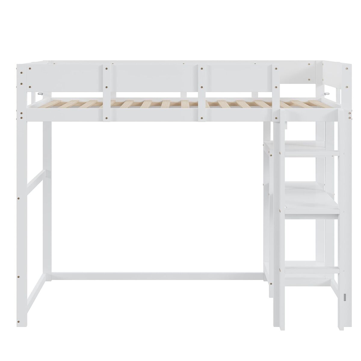 Cama alta 90x200 cm - com prateleira, estrutura em pinho maciço, base de ripas, branca