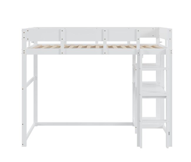Cama alta 90x200 cm - com prateleira, estrutura em pinho maciço, base de ripas, branca