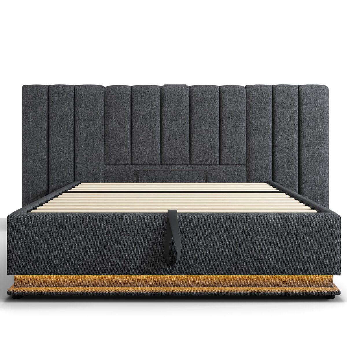 Cama polsterbett 180x200 - cama de casal com arrumação, led controlável por aplicação e carregamento usb-c, linho, cinzento