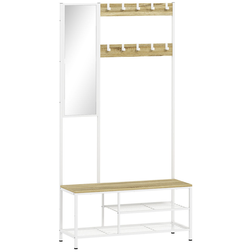 Homcom móvel cabide de entrada com espelho e sapateira 4 em 1 com 3 prateleiras banco 10 ganchos ajustáveis estilo moderno para corredor quarto sala de estar 98x34x186 cm madeira