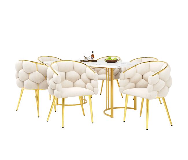 Conjunto de sala de jantar (7 peças) 140x80 cm - mesa com 6 cadeiras, pernas metálicas douradas, design marmorizado - bege, dourado, branco