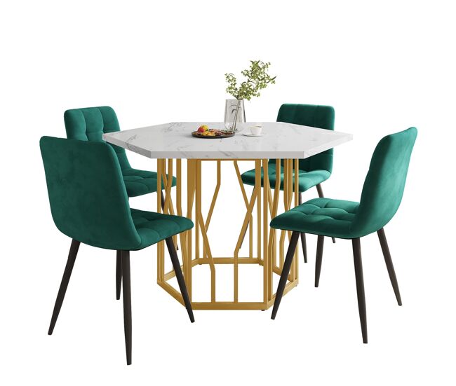 Conjunto de mesa e cadeiras 5 peças - mesa hexagonal de mármore + 4 cadeiras de veludo verde - dourado