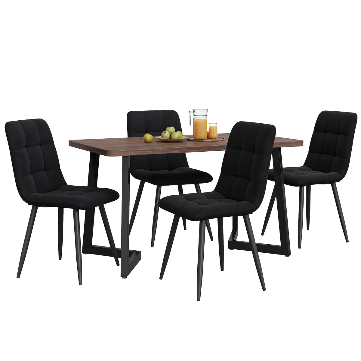 Conjunto de sala de jantar de 5 peças - mesa de jantar 117x68 cm - madeira, pernas metálicas pretas, mdf nogueira - cadeiras de veludo preto