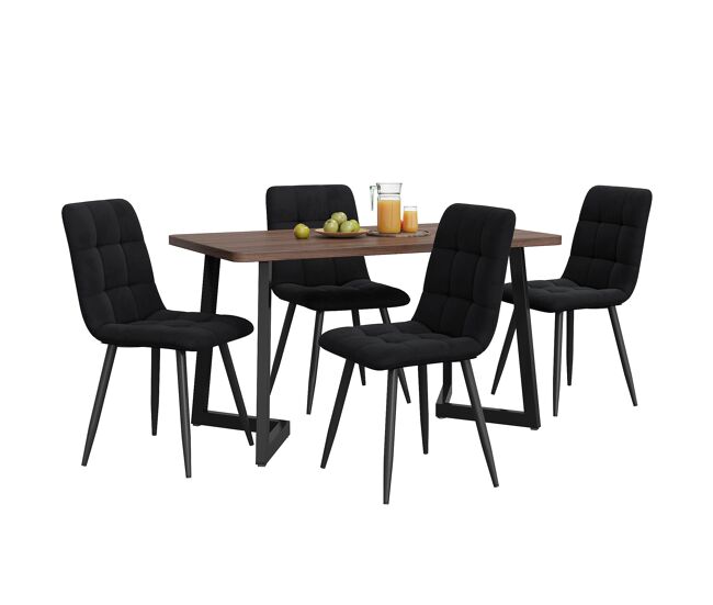 Conjunto de sala de jantar de 5 peças - mesa de jantar 117x68 cm - madeira, pernas metálicas pretas, mdf nogueira - cadeiras de veludo preto