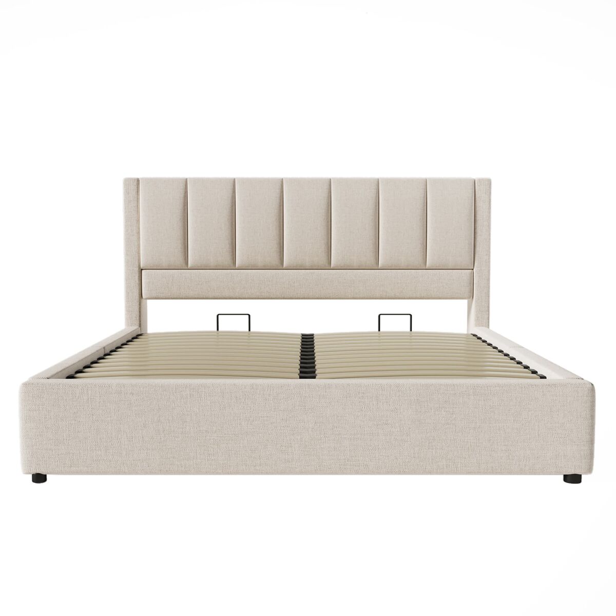 Cama estofada 140x200 cm - com arrumação e elevação hidráulica, com estrado de ripas - bege