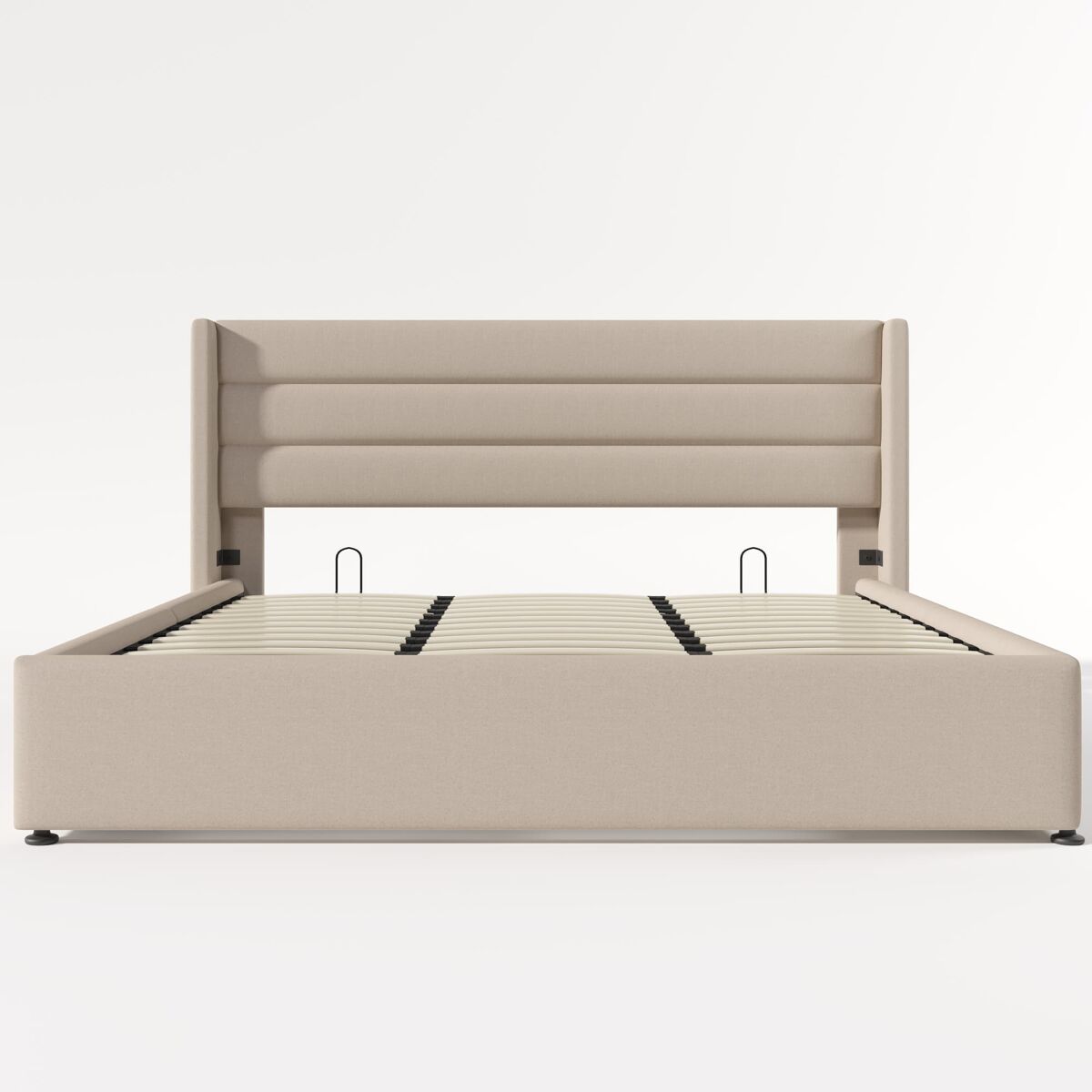 Cama estofada com arrumação 180x200 cm - cama hidráulica, estrado de madeira e metal - bege