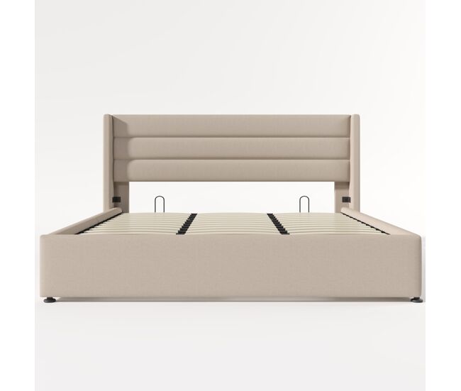 Cama estofada com arrumação 180x200 cm - cama hidráulica, estrado de madeira e metal - bege