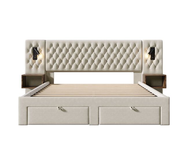 Conjunto completo cama estofada 160x200 cm - 2 mesas de cabeceira, 4 gavetas, luz led usb - bege