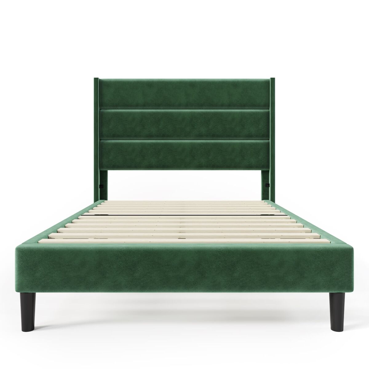 Cama estofada 90x200 cm - com estrado e cabeceira, design moderno, verde escuro