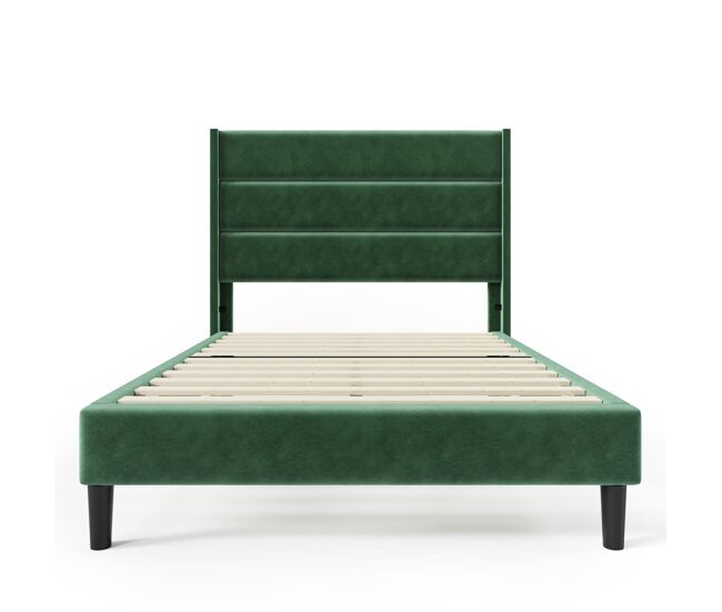 Cama estofada 90x200 cm - com estrado e cabeceira, design moderno, verde escuro