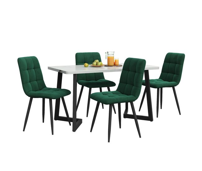 Conjunto de mesa de jantar 117 cm - mesa retangular com 4 cadeiras, tecido de veludo verde, pernas pretas