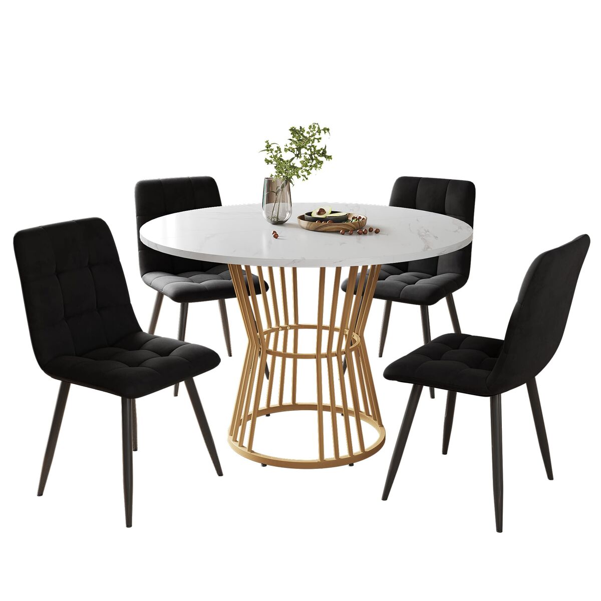 Conjunto de sala de jantar de 5 peças 100 cm - mesa redonda com 4 cadeiras de veludo preto