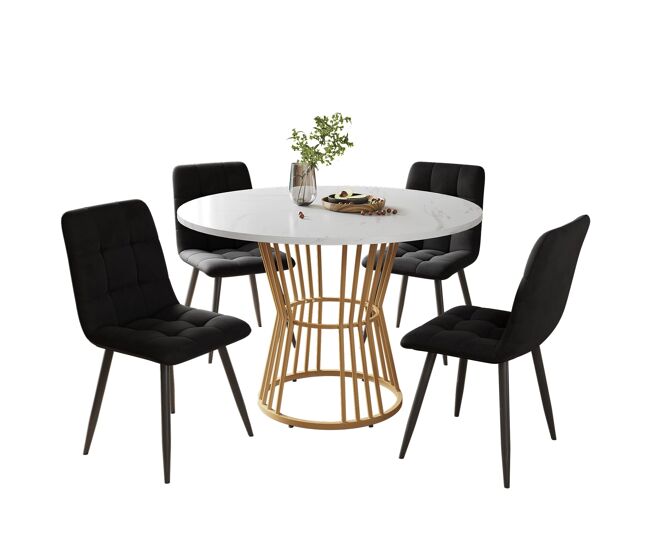 Conjunto de sala de jantar de 5 peças 100 cm - mesa redonda com 4 cadeiras de veludo preto