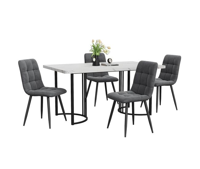 Conjunto de sala de jantar de 5 peças 140x80cm - mesa com 4 cadeiras de veludo cinza escuro e pernas metálicas pretas