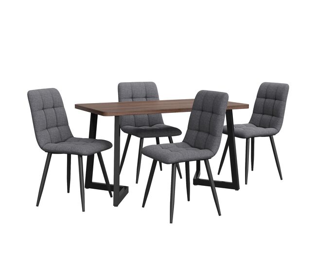 Conjunto de sala de jantar de 5 peças - mesa de jantar com 4 cadeiras, madeira de nogueira, pernas metálicas pretas, linho cinzento