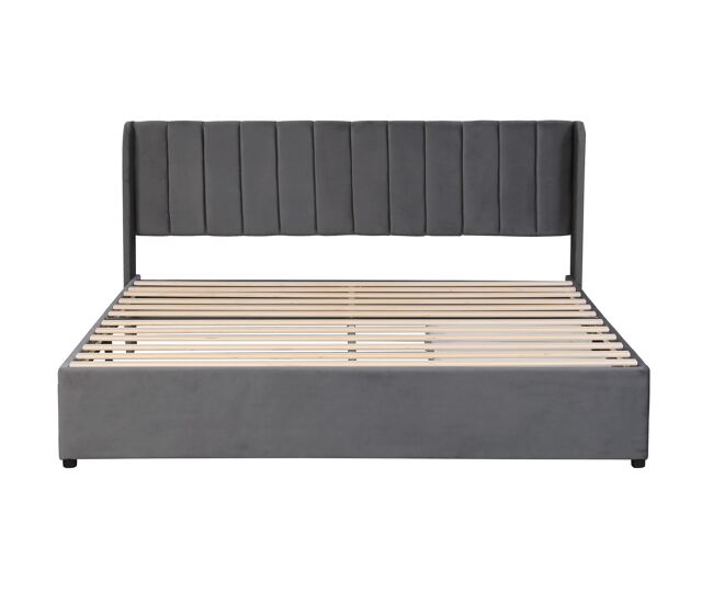 Cama estofada 180x200 cm - com estrado, encosto e 2 gavetas - cinza