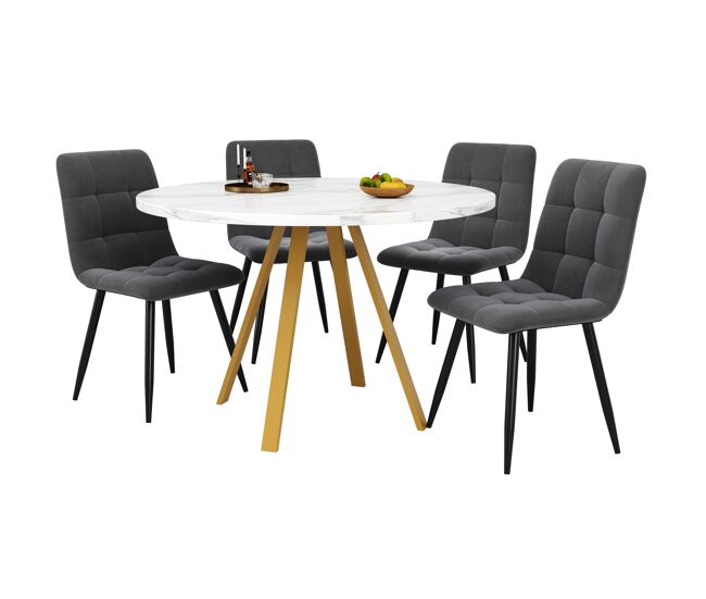 Conjunto de mesa e cadeiras 5 peças 80x80x75 cm - mesa redonda com 4 cadeiras de veludo - branco e dourado