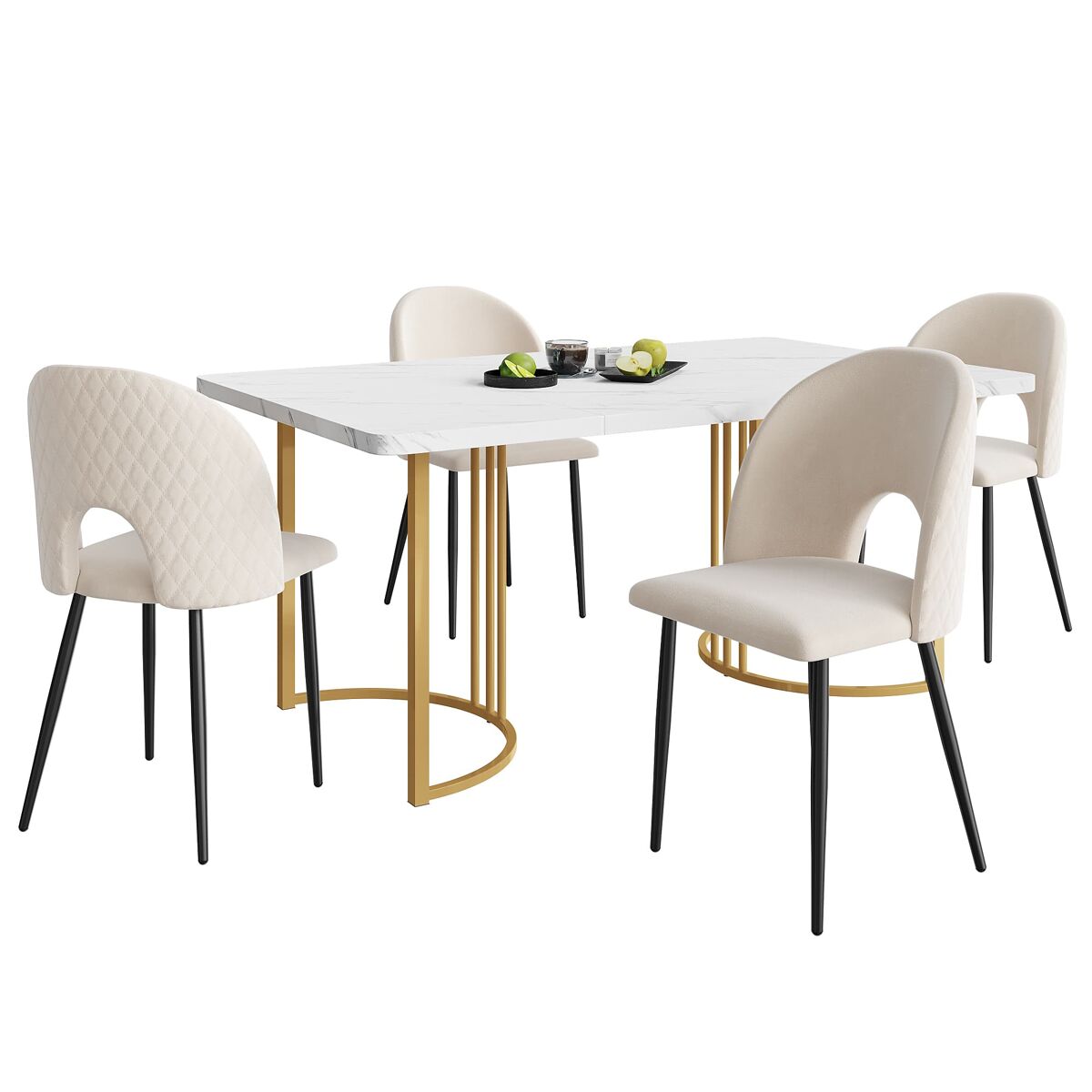 Conjunto de mesa e cadeiras 140x80cm - mesa com 4 cadeiras de veludo com padrão diamante, pernas douradas, branco