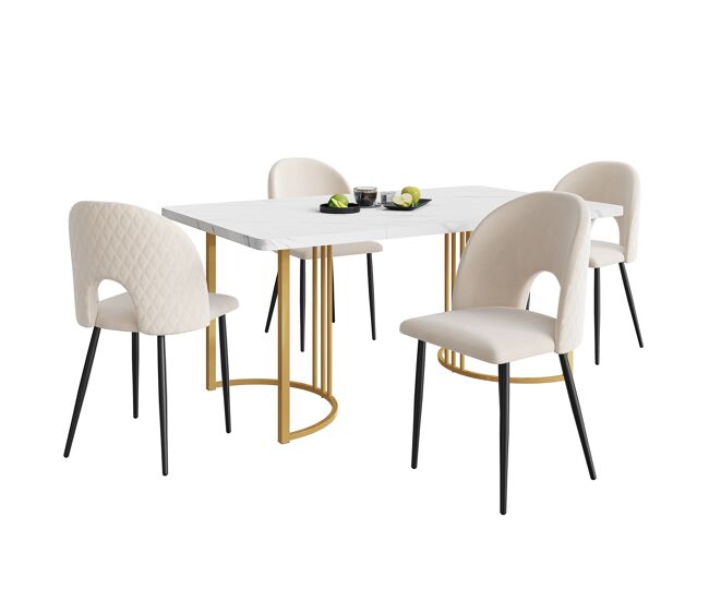 Conjunto de mesa e cadeiras 140x80cm - mesa com 4 cadeiras de veludo com padrão diamante, pernas douradas, branco