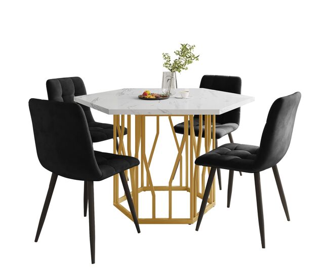 Conjunto de mesa e cadeiras 5 peças - mesa hexagonal de mármore + 4 cadeiras de veludo preto - dourado