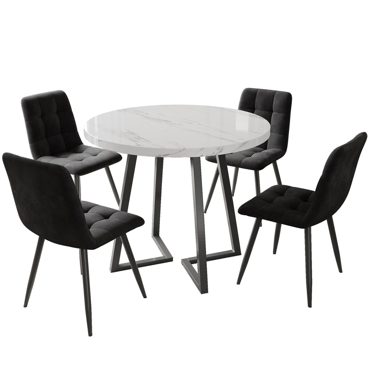 Conjunto de sala de jantar de 5 peças 80 cm - mesa redonda com pernas metálicas pretas e cadeiras de veludo preto