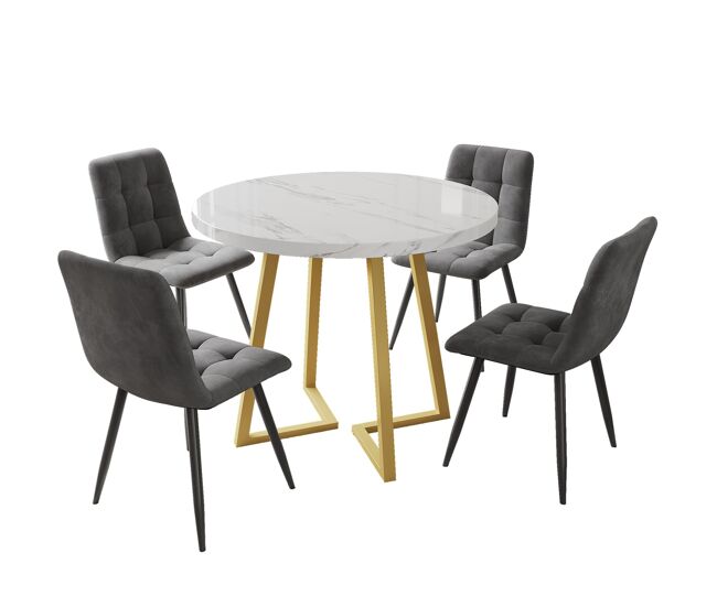 Conjunto de sala de jantar de 5 peças - mesa redonda de 80 cm com pernas douradas - branco e cinzento