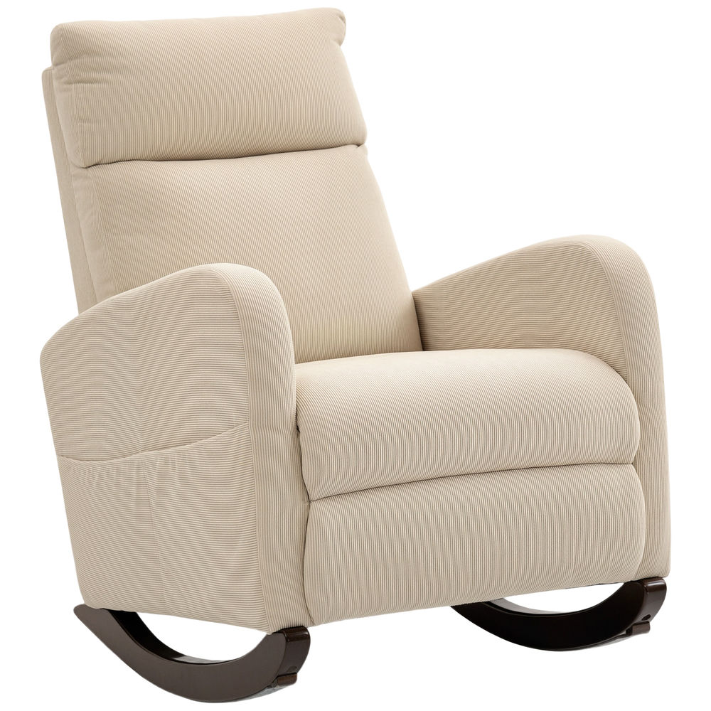 Homcom cadeira de baloiço de veludo com encosto alto pés de madeira de seringueira bolsos apoios de braços estilo moderno cadeira de amamentação capacidade 120 kg 67x94x105 cm bege