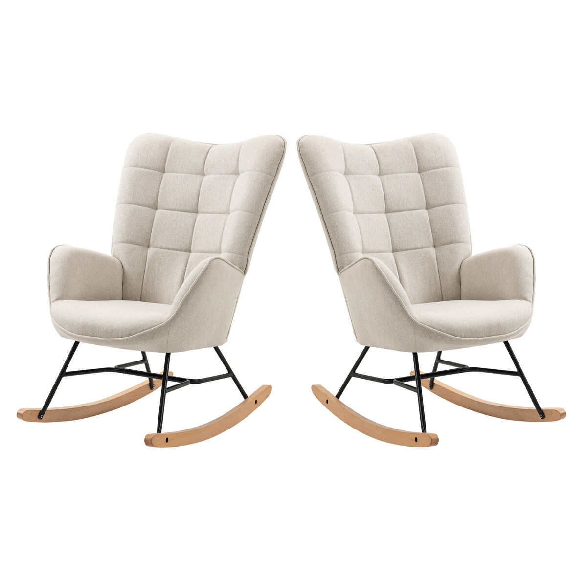 Cadeiras de balanço em tecido bege com encosto alto ergonómico e pernas curvas em madeira, design moderno acolchoado em quadrados para sala ou quarto infantil, conjunto de 2, suporta até 120 kg, ideais para amamentação, leitura e relaxamento diário