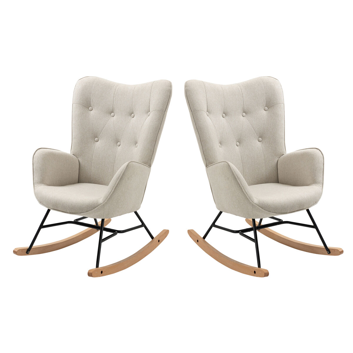 Cadeiras de balanço em tecido bege com encosto alto ergonómico e pernas curvas em madeira, design moderno para sala ou quarto infantil, conjunto de 2, suporta até 120 kg, cadeira de amamentação com assento acolchoado para máximo conforto
