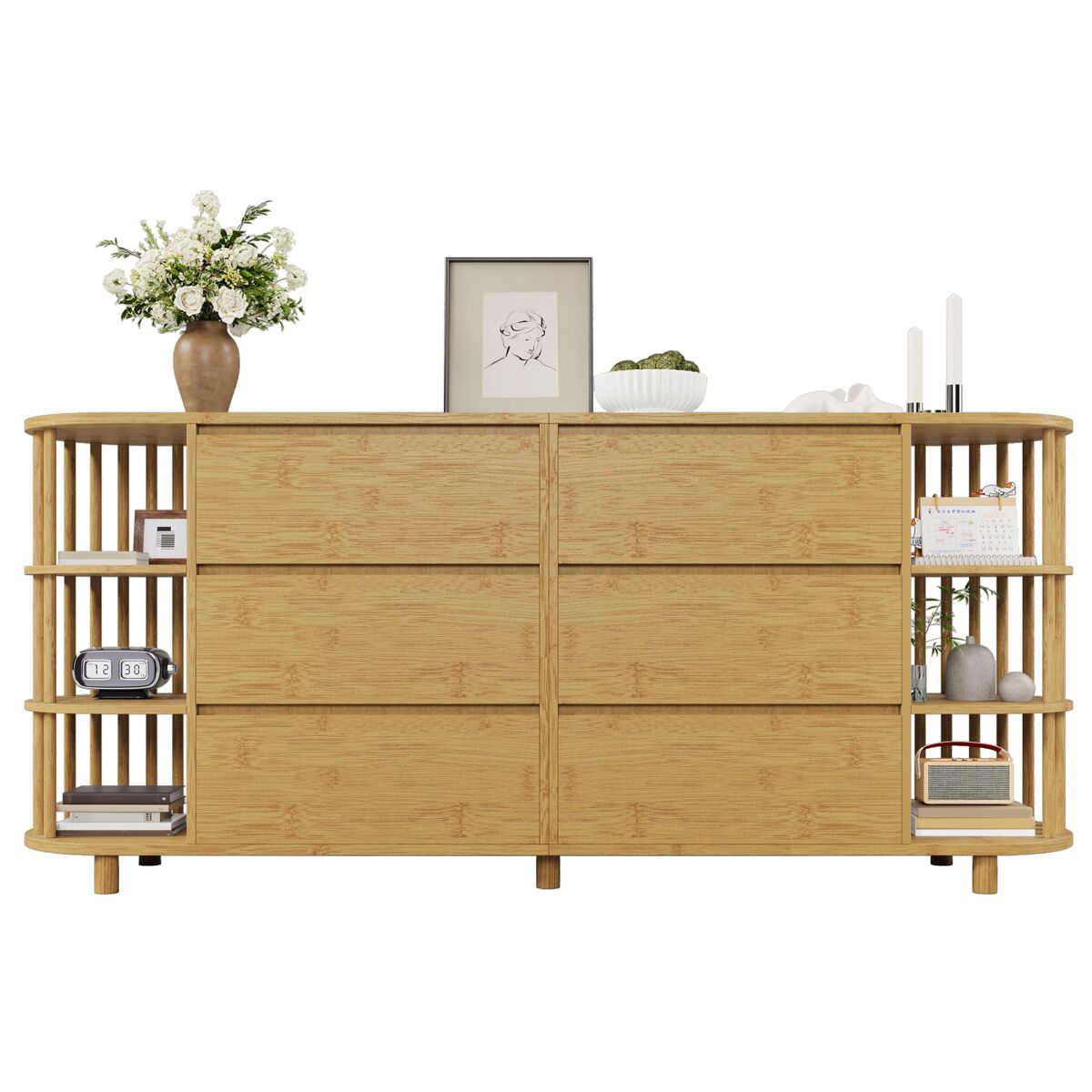 Aparador comoda 160 cm - design romano com colunas e prateleiras de bambu - carvalho