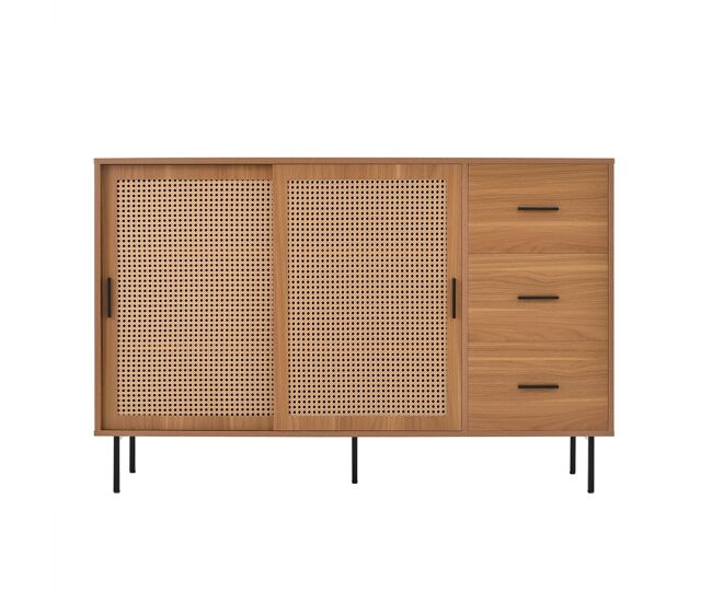 Aparador 140x91x37 cm - 2 portas de correr, 3 gavetas, estilo rústico - natural