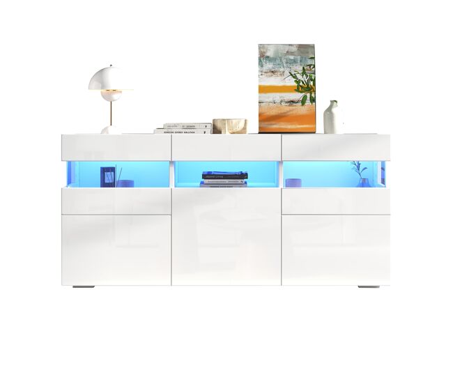 Aparador 140x40,5x66,5 cm - 3 portas, com led, 7 prateleiras, branco