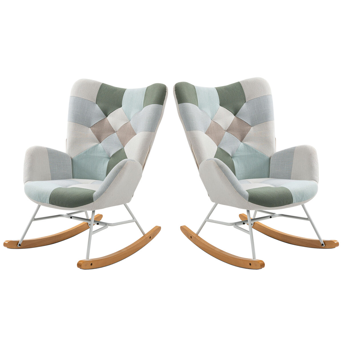 Cadeiras de balanço patchwork com encosto alto ergonómico e pernas curvas em madeira, design moderno para sala ou quarto infantil, conjunto de 2, suporta até 120 kg, assento acolchoado ideal para amamentação, leitura e relaxamento