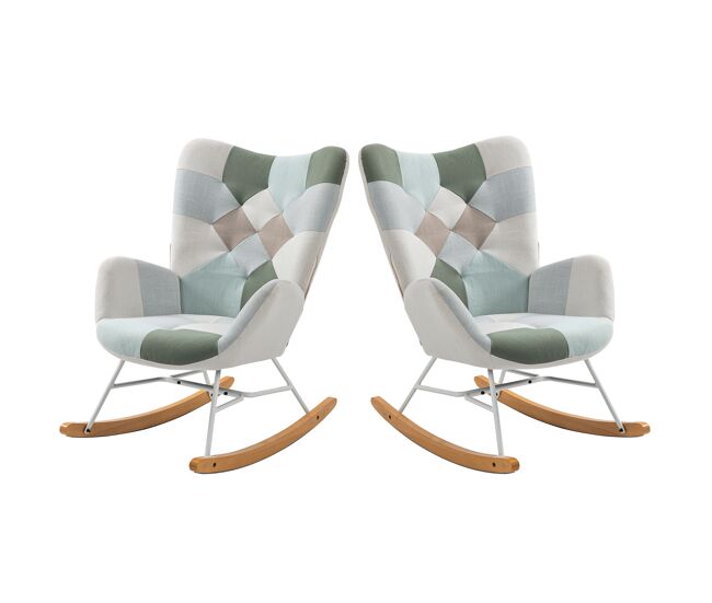 Cadeiras de balanço patchwork com encosto alto ergonómico e pernas curvas em madeira, design moderno para sala ou quarto infantil, conjunto de 2,