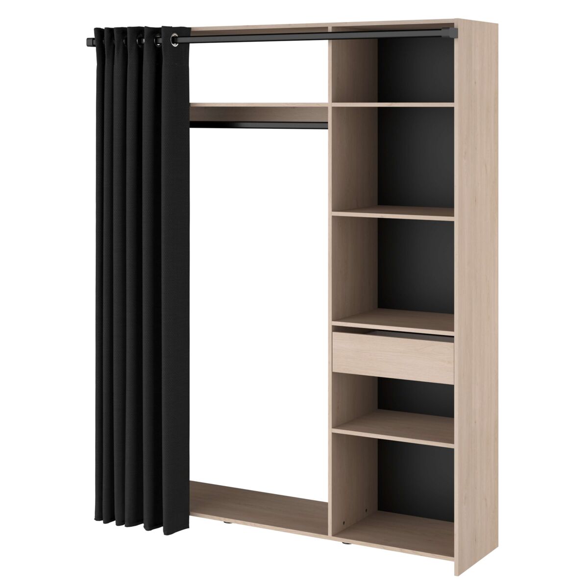 Closet em melamina com 6 nichos, 5 prateleiras, gaveta e varão para cortina.