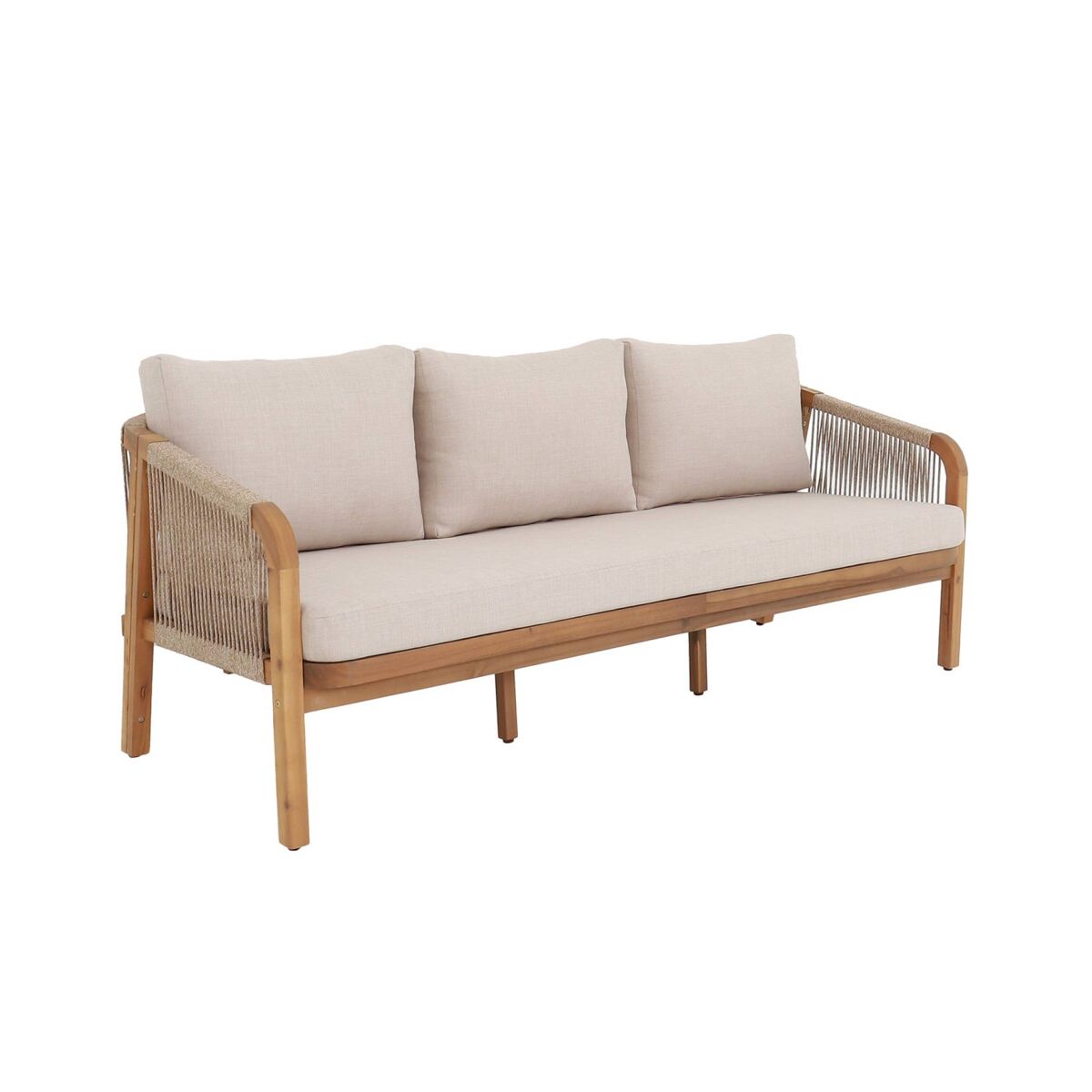 Sofá de exterior em madeira de acácia, cordas e tecido, 3 lugares, parana, beige, 188x78.5x68.5 cm