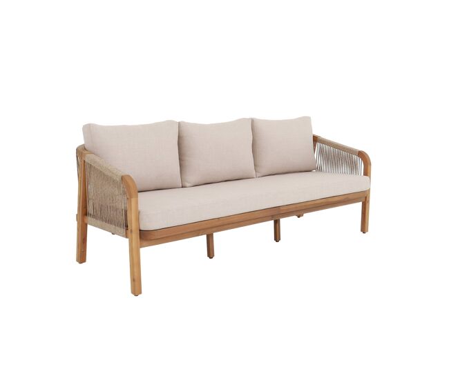 Sofá de exterior em madeira de acácia, cordas e tecido, 3 lugares, parana, beige, 188x78.5x68.5 cm