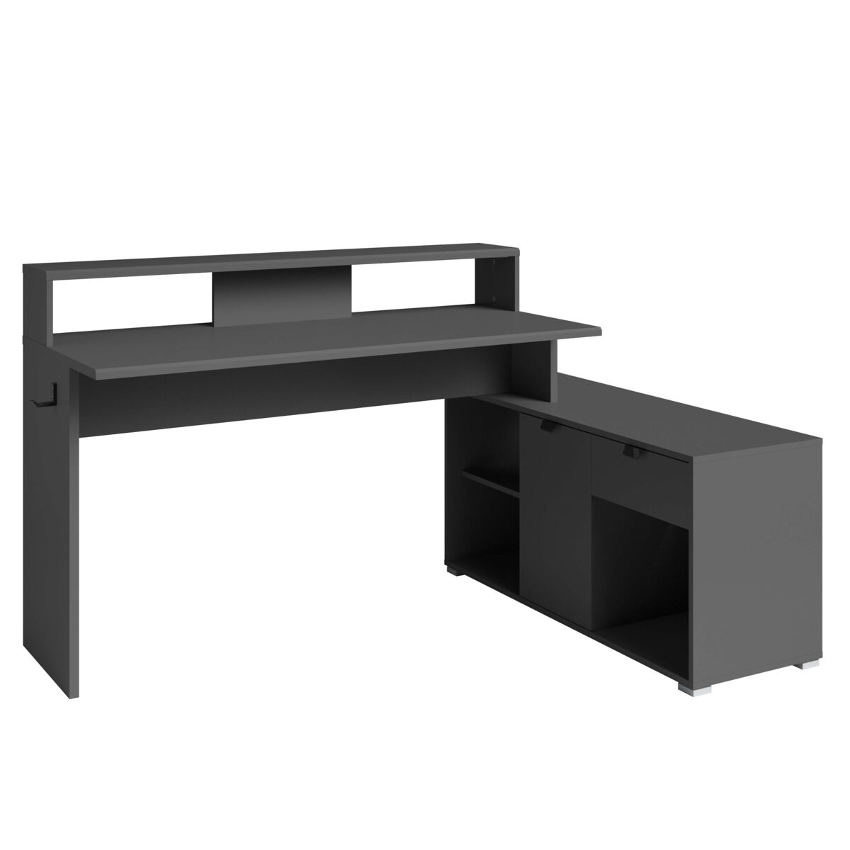 Mesa gamer playit, mesa gamer de melamina com led, múltiplas posições, 1 gaveta, gancho para fone de ouvido, cor cinza escuro, 134-168x95x60 cm