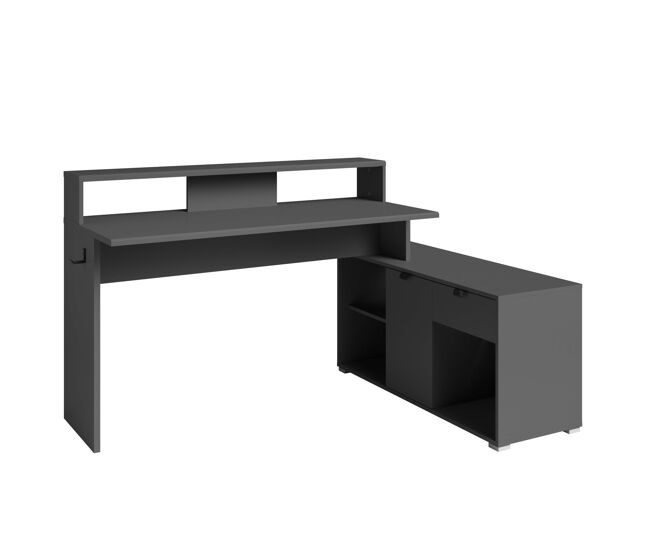 Mesa gamer playit, mesa gamer de melamina com led, múltiplas posições, 1 gaveta, gancho para fone de ouvido, cor cinza escuro, 134-168x95x60 cm