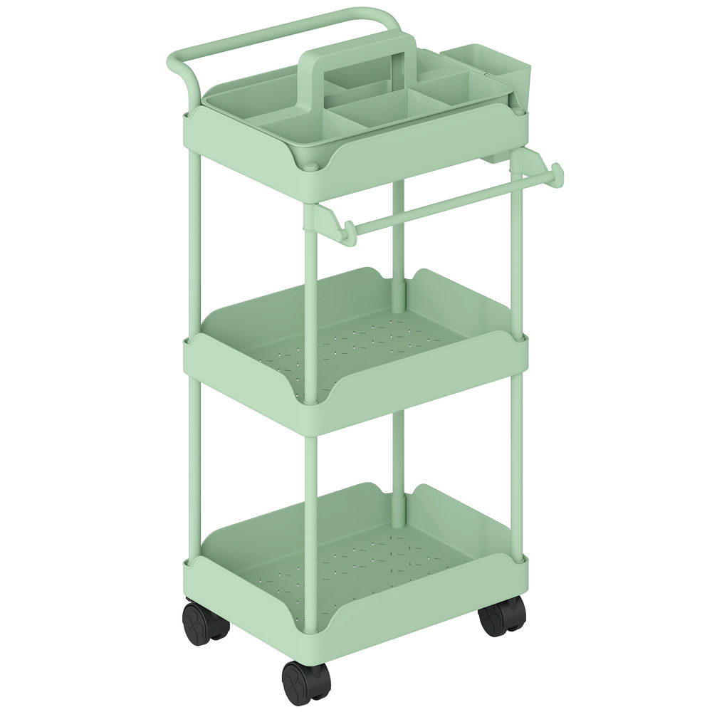 Homcom carrinho auxiliar com rodas de 3 níveis, carrinho de cozinha com cestos removíveis, rodas com travão, suporte para toalhas e estrutura de metal, para sala de jantar, sala de estar, casa de banho, escritório, verde