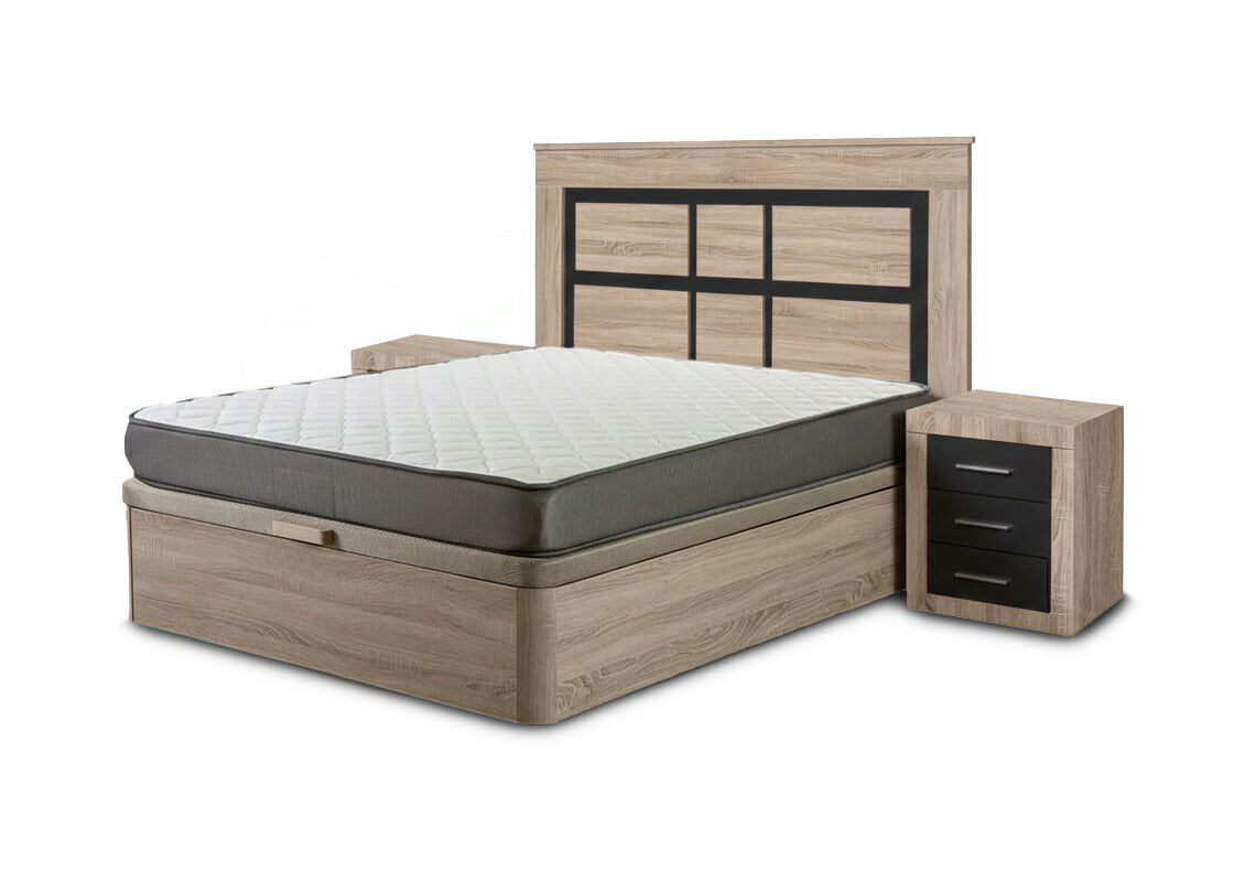 Conjunto de cama box cambria de 135 cm + colchão + cabeceira e 2 mesas de cabeceira, cambria e grafite
