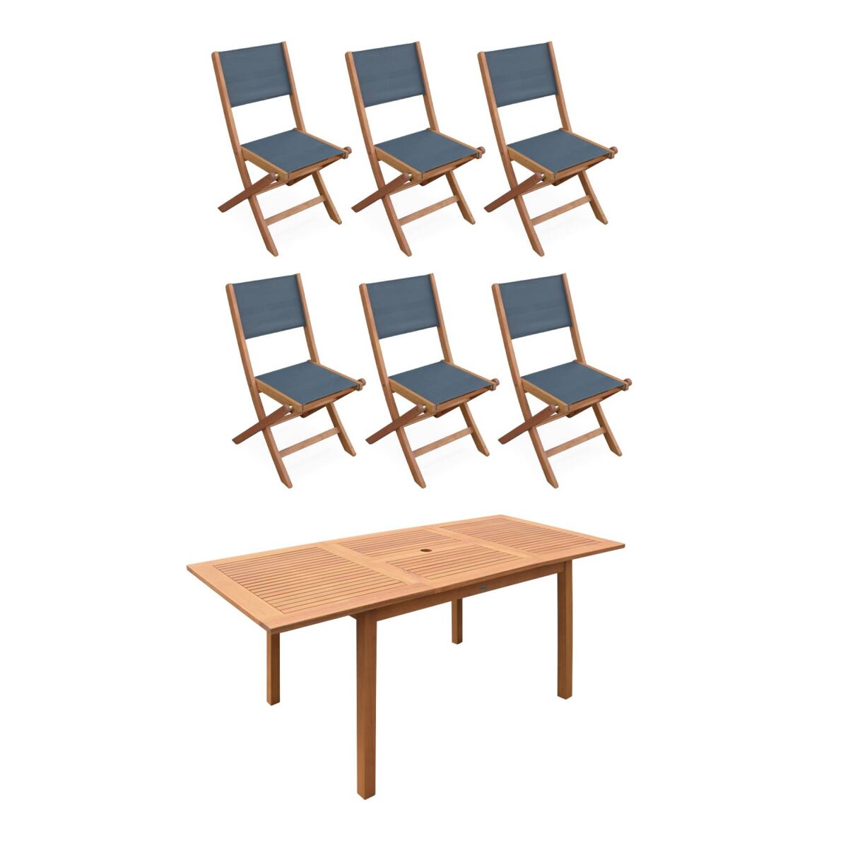Mesa de jardim extensível em madeira, 6 cadeiras, mesa almeria 180 cm + 6 cadeiras, madeira, 180x80x75 cm