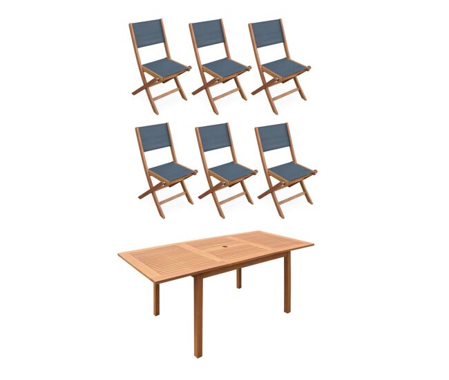 Mesa de jardim extensível em madeira, 6 cadeiras, mesa almeria 180 cm + 6 cadeiras, madeira, 180x80x75 cm